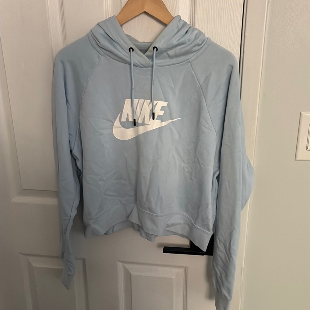 Nike Women's Cropped Pale Blue Pullover Hoodie with White Swoosh